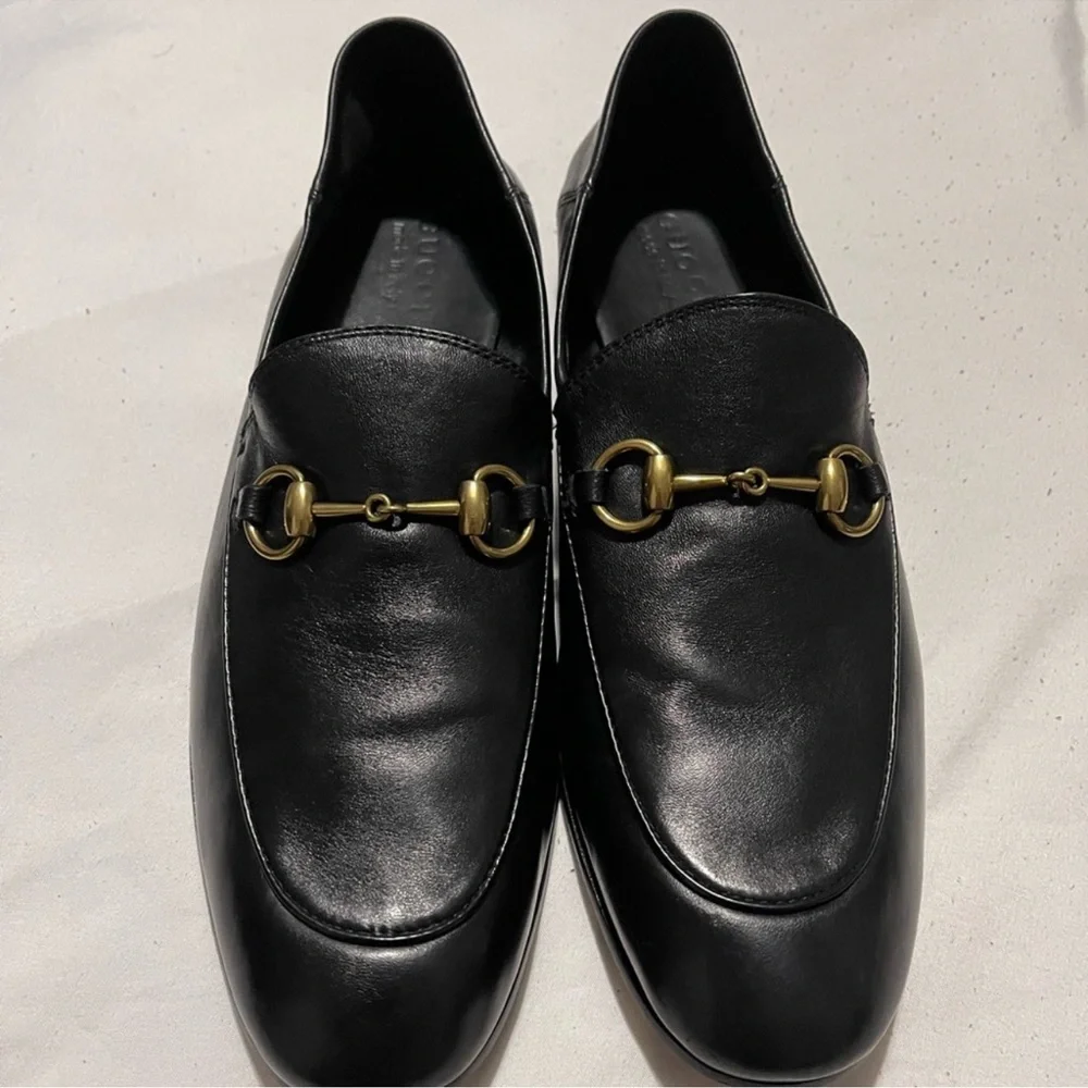 Gucci Black Leather Loafers with Gold Horse-Bit Detailing Sz 10 - Picture 4 of 12